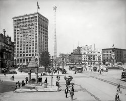 Detroit circa 1901. "Woodward Avenue at the Campus Martius showing Bagley Fountain." Other landmarks include City Hall, the Majestic Building, Soldiers' and Sailors' Monument and Detroit Opera House. Plus a "moonlight tower" super-streetlight. 8x10 inch glass negative, Detroit Publishing Company. View full size.