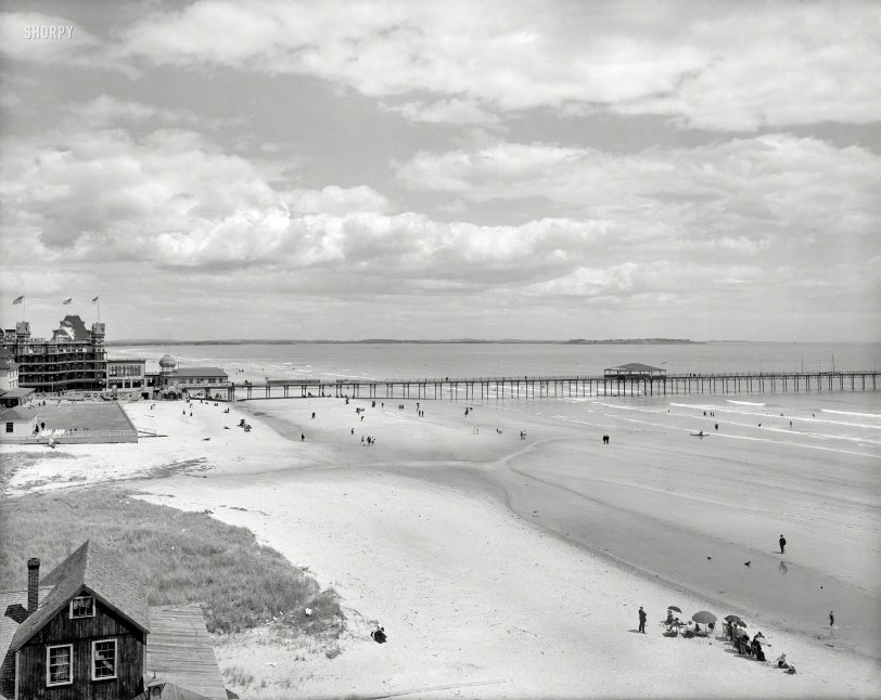 Circa 1900. "The beach at Old Orchard, Maine -- Ocean Pier and Hotel Velvet." Which, following the curiously inevitable destiny of beach resorts surrounded by ashtray-grade sand and literal oceans of water, "burned like oil" in the Great Fire of 1907. 8x10 glass negative, Detroit Publishing Co. View full size.
