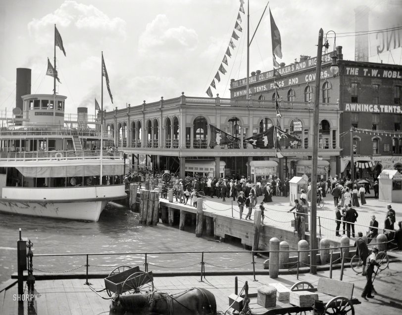 &nbsp; &nbsp; &nbsp; &nbsp; "The handsome new screw ferry steamer PLEASURE, recently added to the large fleet of excursion steamers in the service of the Belle Isle and Windsor Ferry Company. She is to run on the Detroit River, touching at Belle Isle, Windsor, and other summer resorts."
Detroit circa 1901. "Screw ferry excursion steamer Pleasure at Belle Isle ferry dock, Woodward Avenue." 8x10 inch dry plate glass negative. View full size.
