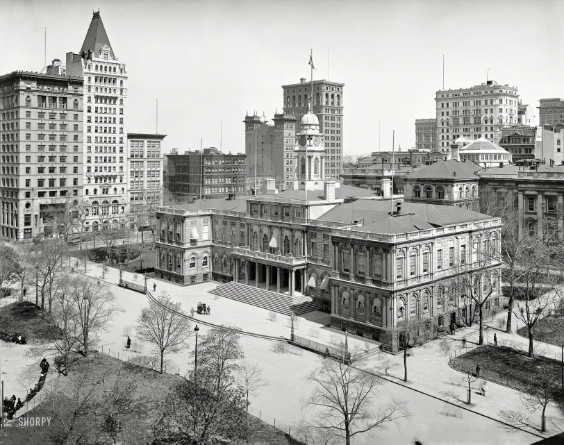 "New York City Hall and park, 1900." It's ten o'clock -- do you know where your great-grandparents are? 8x10 inch glass negative. View full size.
