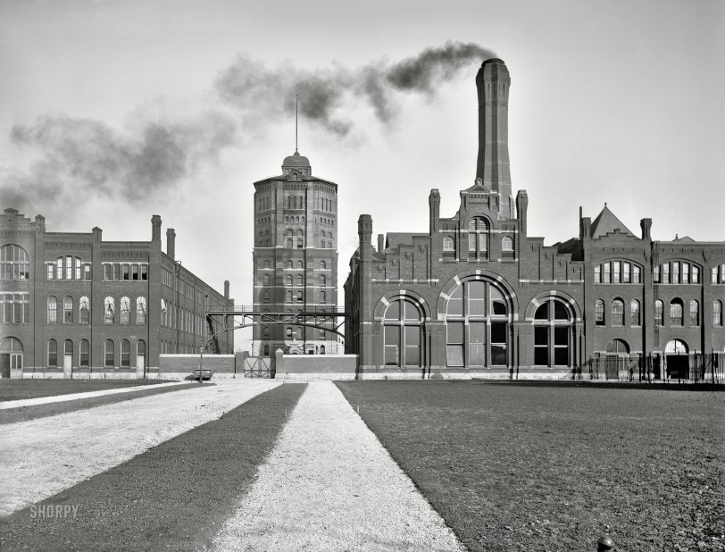 Circa 1901. "Water tower and shops entrance -- Pullman Palace Car Co., Pullman, Ill's." 8x10 inch dry plate glass negative, Detroit Photographic Company. View full size.
