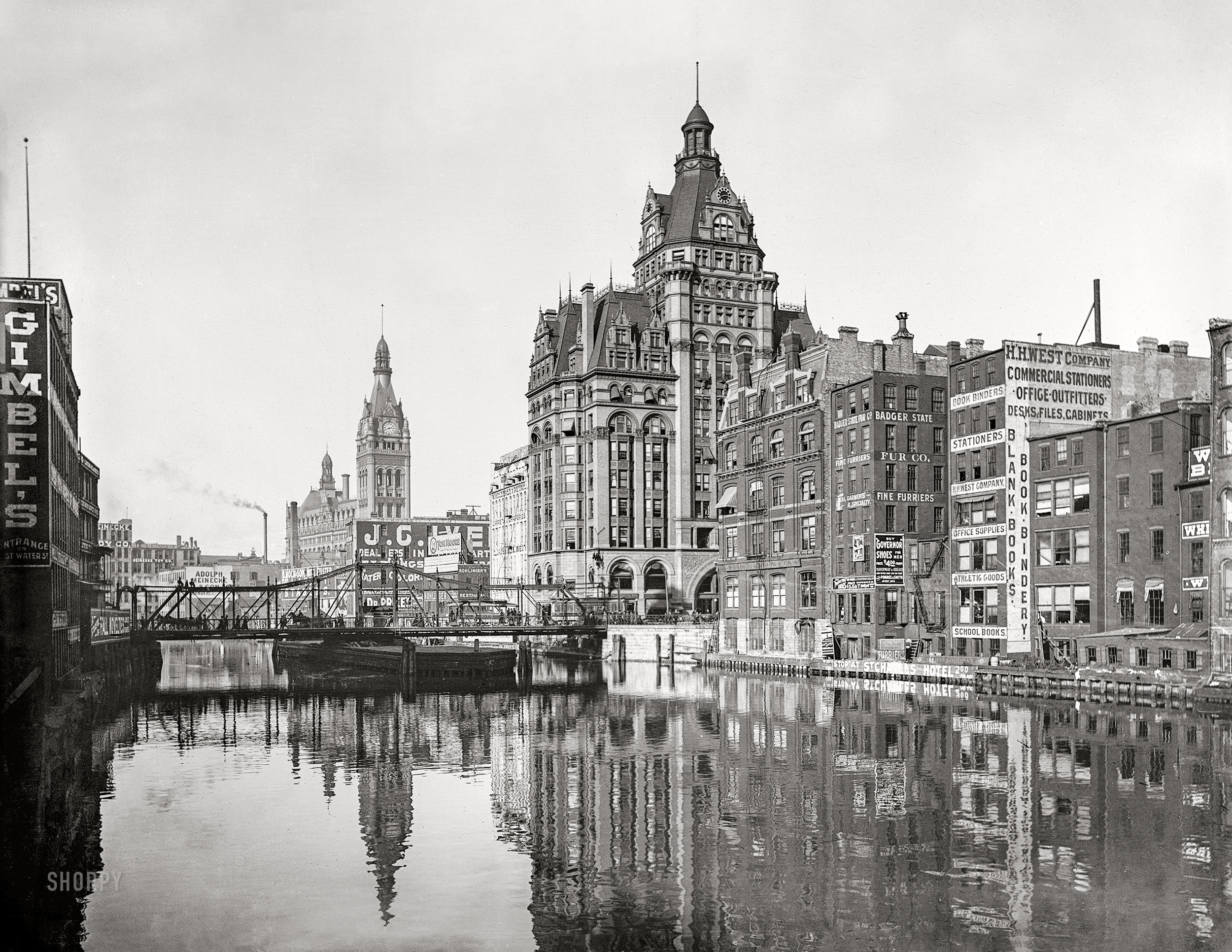 Milwaukee circa 1901. "The river from Sycamore Street." Lofty landmarks notwithstanding, our favorite building here bears the name of the Meinecke Toy Company. With Badger State Fur a close runner-up. 8x10 inch glass negative, Detroit Photographic Co. View full size.