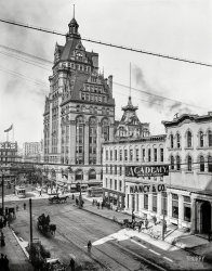 Milwaukee circa 1900. "Wisconsin Street and Pabst Building." The city's first sky&shy;scraper, completed in 1891, demolished 1981. 8x10 glass negative. View full size.