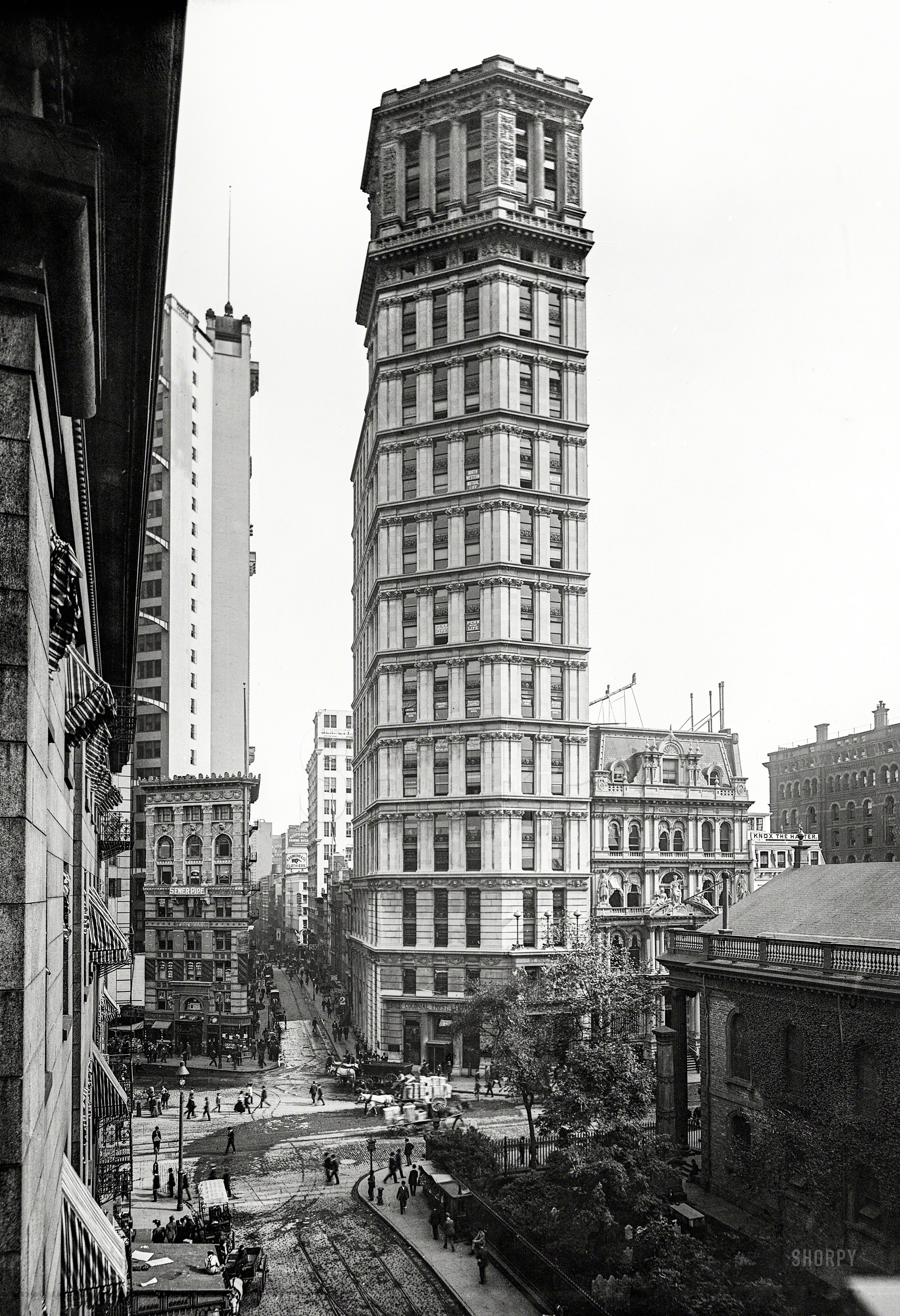 "St. Paul Building, New York, 1901." One of the first structures to be called a skyscraper, the 26-story St. Paul was completed in 1898 and demolished 60 years later. Its neighbor to the left, the 28-floor Park Row Building, completed in 1899, still stands. 8x10 inch glass negative, Detroit Publishing Co. View full size.