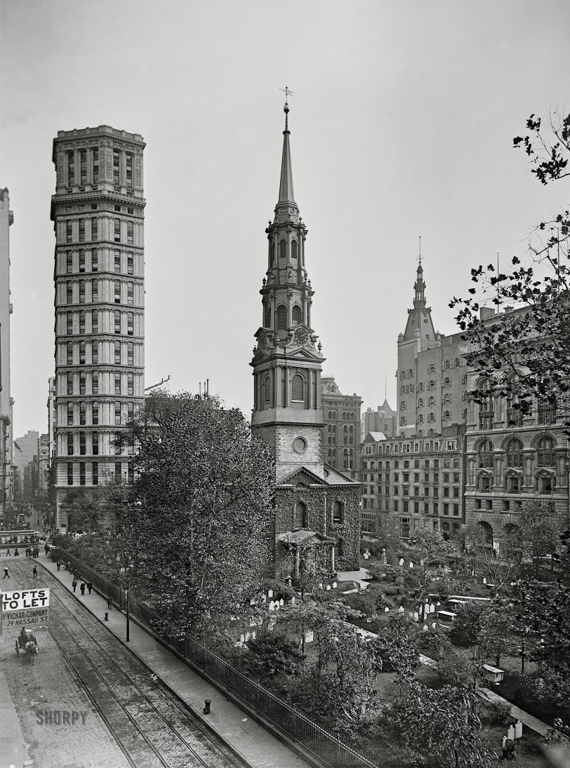 Manhattan circa 1901. "St. Paul's Chapel and St. Paul Building -- Vesey Street and Broadway, New York." 8x10 inch dry plate glass negative, Detroit Photographic Company. View full size.