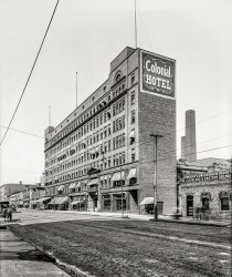 Cleveland, Ohio, circa 1900. "Colonial Hotel, Prospect Avenue." Offering complimentary wi-fi if you come back in 110 years to its current incarnation as a Marriott Residence Inn. 8x10 inch dry plate glass negative. View full size.