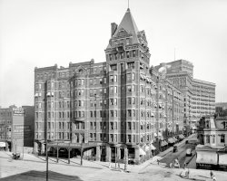 Circa 1900. "The Hollenden, Cleveland." A giant hostelry that opened in 1885 and was demolished in 1962. 8x10 inch dry plate glass negative. View full size.