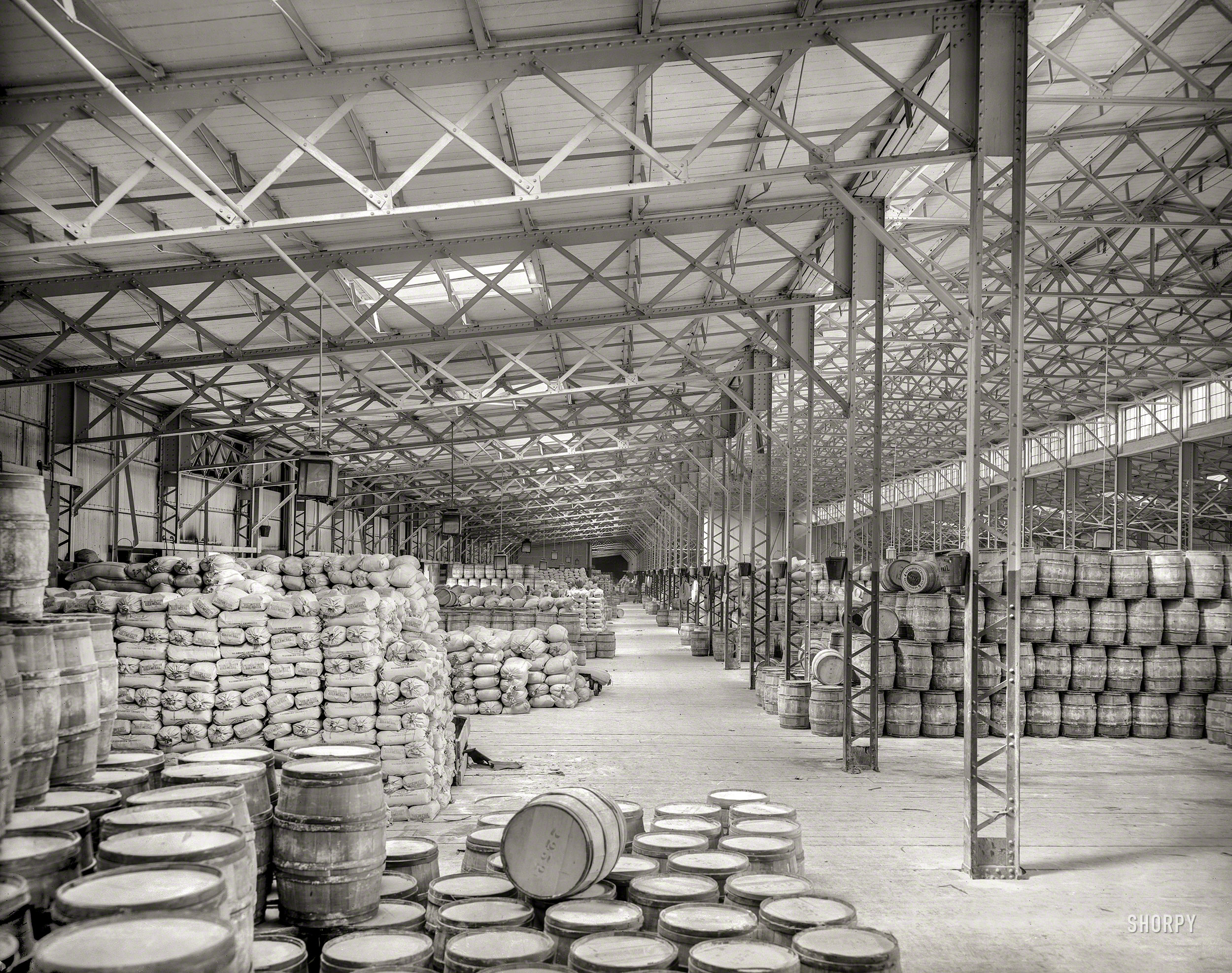 Circa 1900. "New York Central freight sheds, Buffalo, N.Y." 8x10 inch dry plate glass negative, Detroit Photographic Company. View full size.