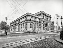 Circa 1900. "Drexel Institute, Philadelphia." Attended by an assortment of superannuated streetlights. 8x10 inch dry plate glass negative. View full size.