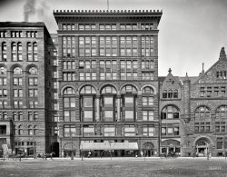 Chicago circa 1903. "Fine Arts Building, Michigan Avenue." Now playing at the Studebaker Theatre: Castle Square Opera Company's production of The Pirates of Penzance. 8x10 inch glass negative, Detroit Photographic Co. View full size.
