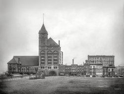 Circa 1901. "Illinois Central Depot, 12th Street and Park Row, Chicago." 8x10 inch dry plate glass negative, Detroit Photographic Company. View full size.
Pan-American ExpositionHeld in Buffalo from May 1 through November 2, 1901, attended by eight million visitors.  Notable as the location of President McKinley's assassination by anarchist Leon Czolgosz on September 6 at the Temple of Music (in a night-time view, below).
(The Gallery, Chicago, DPC, Railroads)