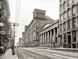 Cincinnati circa 1900. "Lafayette and Franklin Banks and Masonic Temple, Third Street." 8x10 inch glass negative, Detroit Publishing Co. View full size.