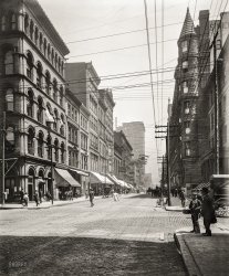 Cincinnati circa 1900. "Fourth Street looking east from Race." Compare and contrast with this view from a decade later. 8x10 glass negative. View full size.