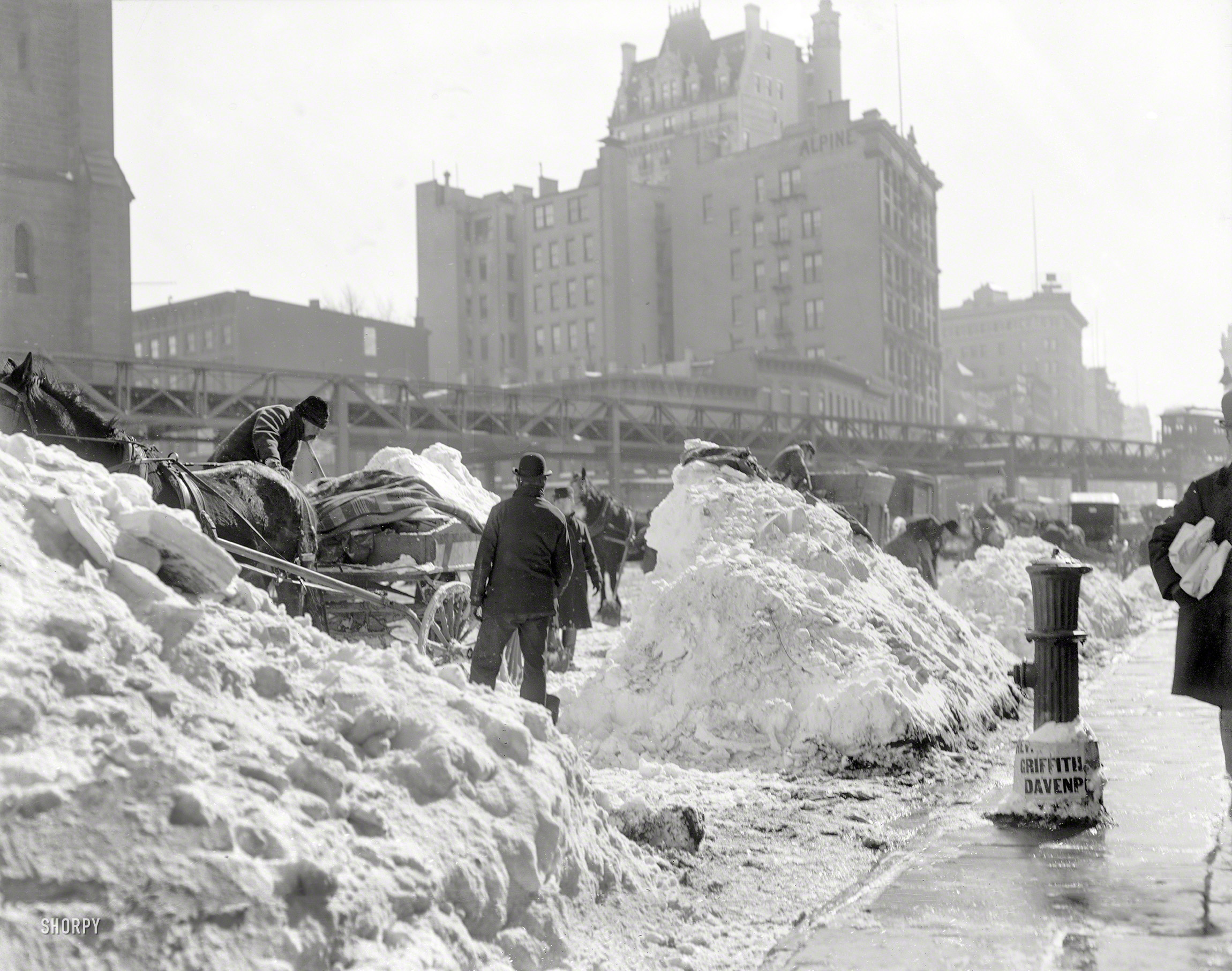 "Blizzard '99 - cleaning the streets after New York snowstorm." Photo by Byron. 8x10 inch glass negative, Detroit Publishing Company. View full size.