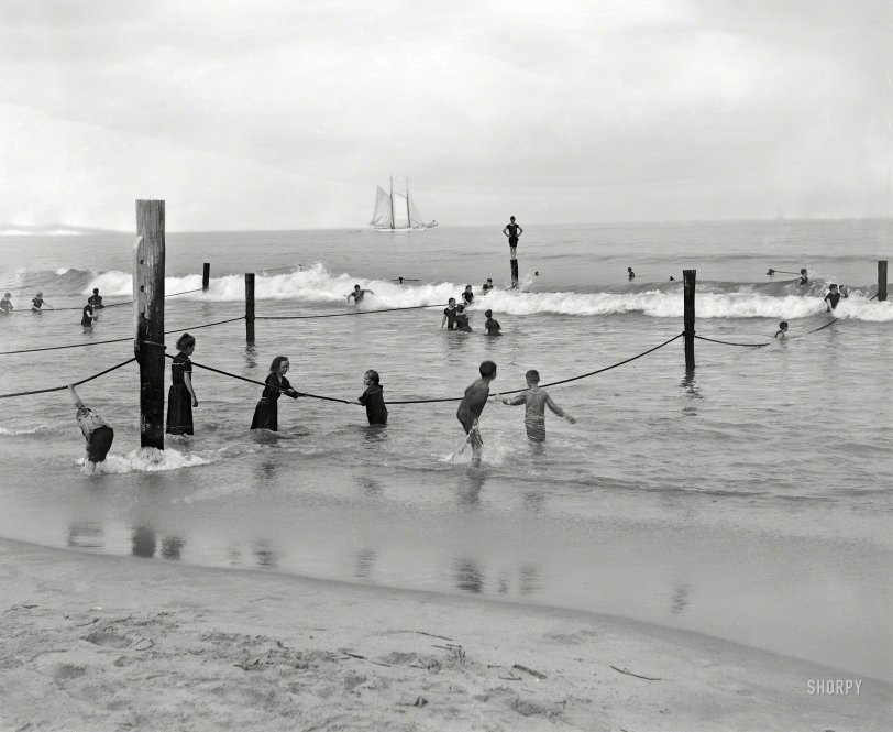 The Jersey Shore circa 1900. "Children playing in the surf at Asbury Park." 8x10 inch dry plate glass negative, Detroit Publishing Company. View full size.
