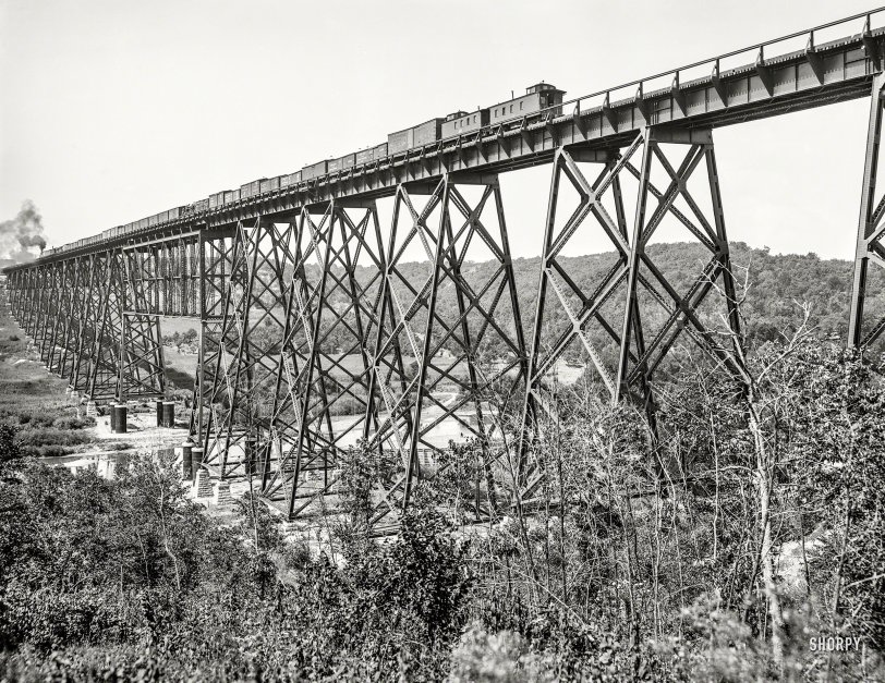 Circa 1900. "Steel viaduct over Des Moines River, Iowa -- Chicago &amp; North Western Railway." 8x10 glass negative by William Henry Jackson. View full size.
