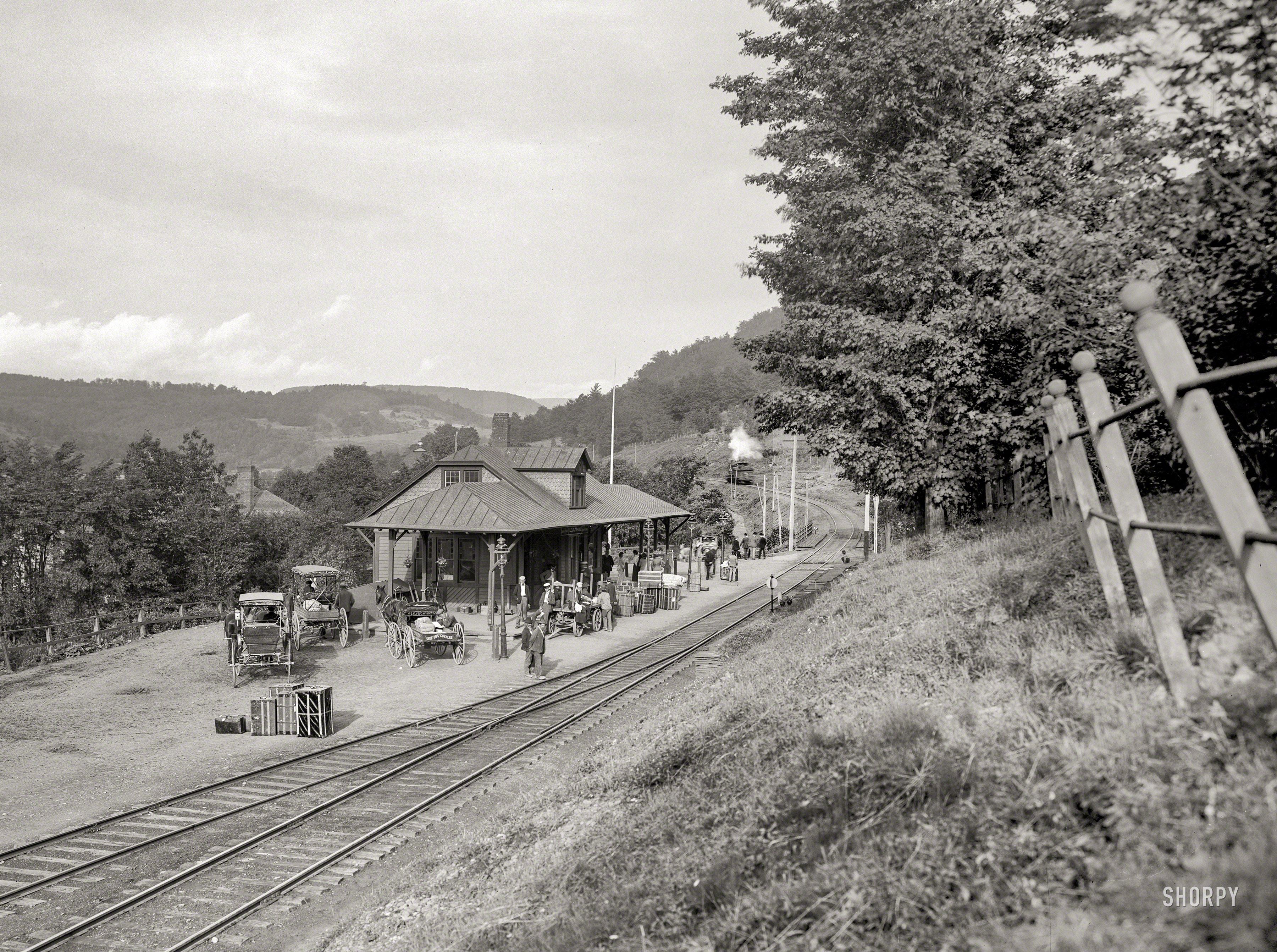 Delaware County, New York, circa 1902. "Ulster & Delaware R.R. station, Fleischmanns, Catskill Mountains." Somewhere between Pixley and Willoughby. 8x10 inch dry plate glass negative, Detroit Publishing Company. View full size.