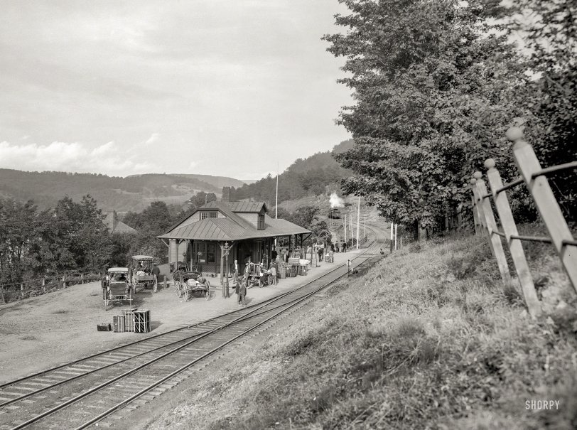Delaware County, New York, circa 1902. "Ulster &amp; Delaware R.R. station, Fleischmanns, Catskill Mountains." Somewhere between Pixley and Willoughby. 8x10 inch dry plate glass negative, Detroit Publishing Company. View full size.
