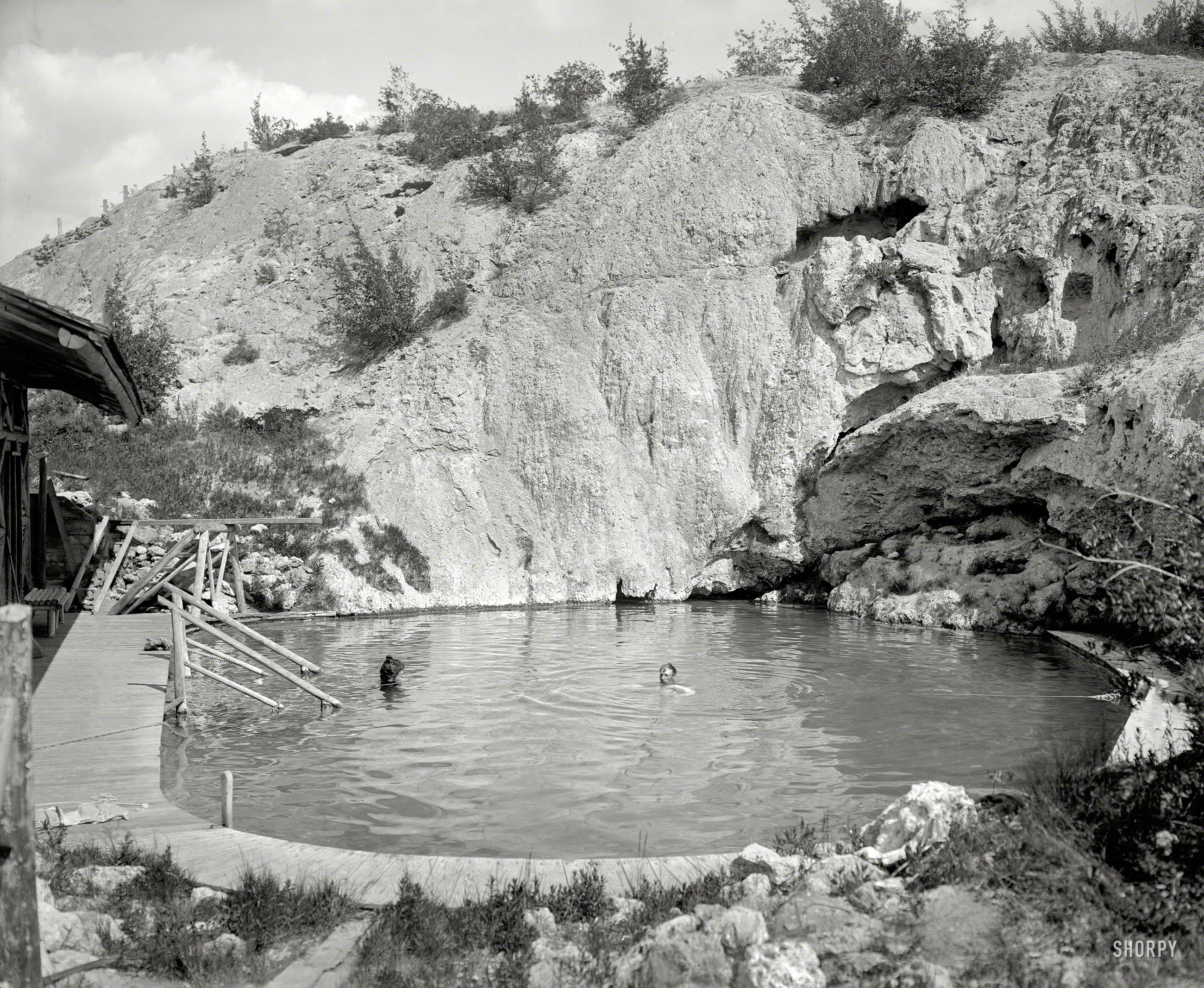 1902. "The Basin, lower spring, Banff, Alberta." A Banff spring, without the hotel usually appended to that phrase. 8x10 inch glass negative. View full size.