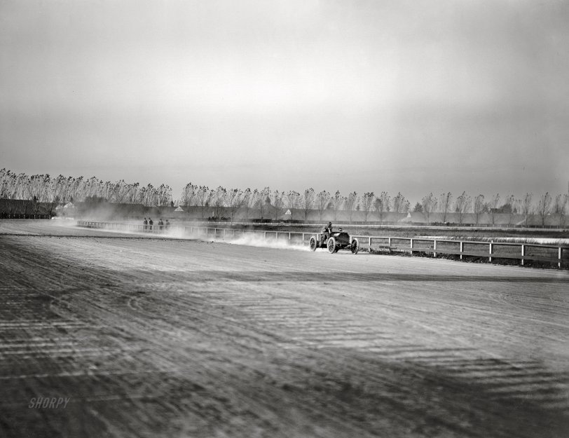 October 24, 1902. "H.S. Harkness in his Mercedes-Simplex, winning five-miles event in 6:1 3-5, Grosse Pointe track, Detroit." 8x10 inch glass negative, Detroit Photographic Co. View full size.