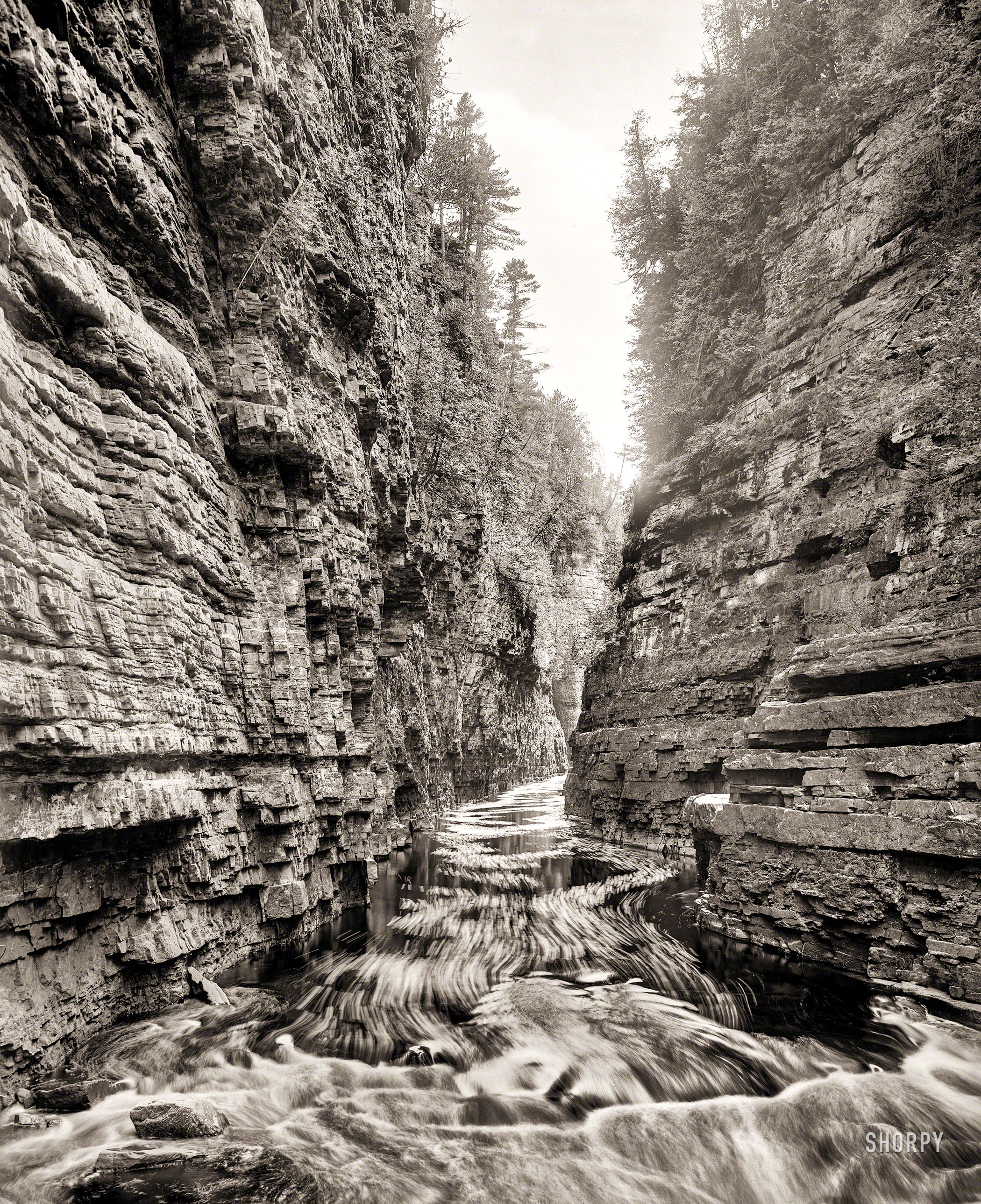 Upstate New York circa 1906. "Ausable Chasm, up from Table Rock." The "Grand Canyon of the Adirondacks." 8x10 inch glass negative. View full size.