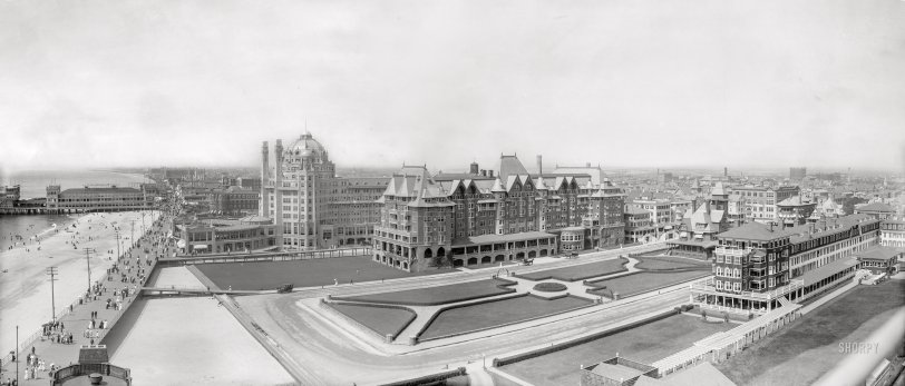 1907. "Atlantic City boardwalk and attractions." Including Young's Million-Dollar Pier and the Hotel Marlborough-Blenheim (Marlborough House at center and the domed Blenheim to the left). Panorama made from two 8x10 glass negatives. Detroit Publishing Co. View full size.