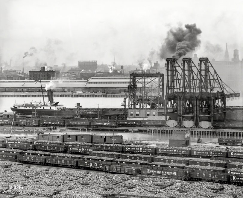 Circa 1910. "Maumee River waterfront -- Toledo, O." Railroads represented on the coal cars: Hocking Valley, Kanawha and Michigan, Zanesville &amp; Western, Toledo &amp; Ohio Central. 8x10 inch dry plate glass negative. View full size.
