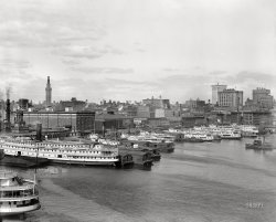 Baltimore, Maryland, circa 1912. "Baltimore waterfront and skyline." Dominated by the Emerson Tower at left, better known as the Bromo-Seltzer Tower, surmounted by a giant, 20-ton Bromo bottle. 8x10 inch dry plate glass negative, Detroit Publishing Co. View full size.