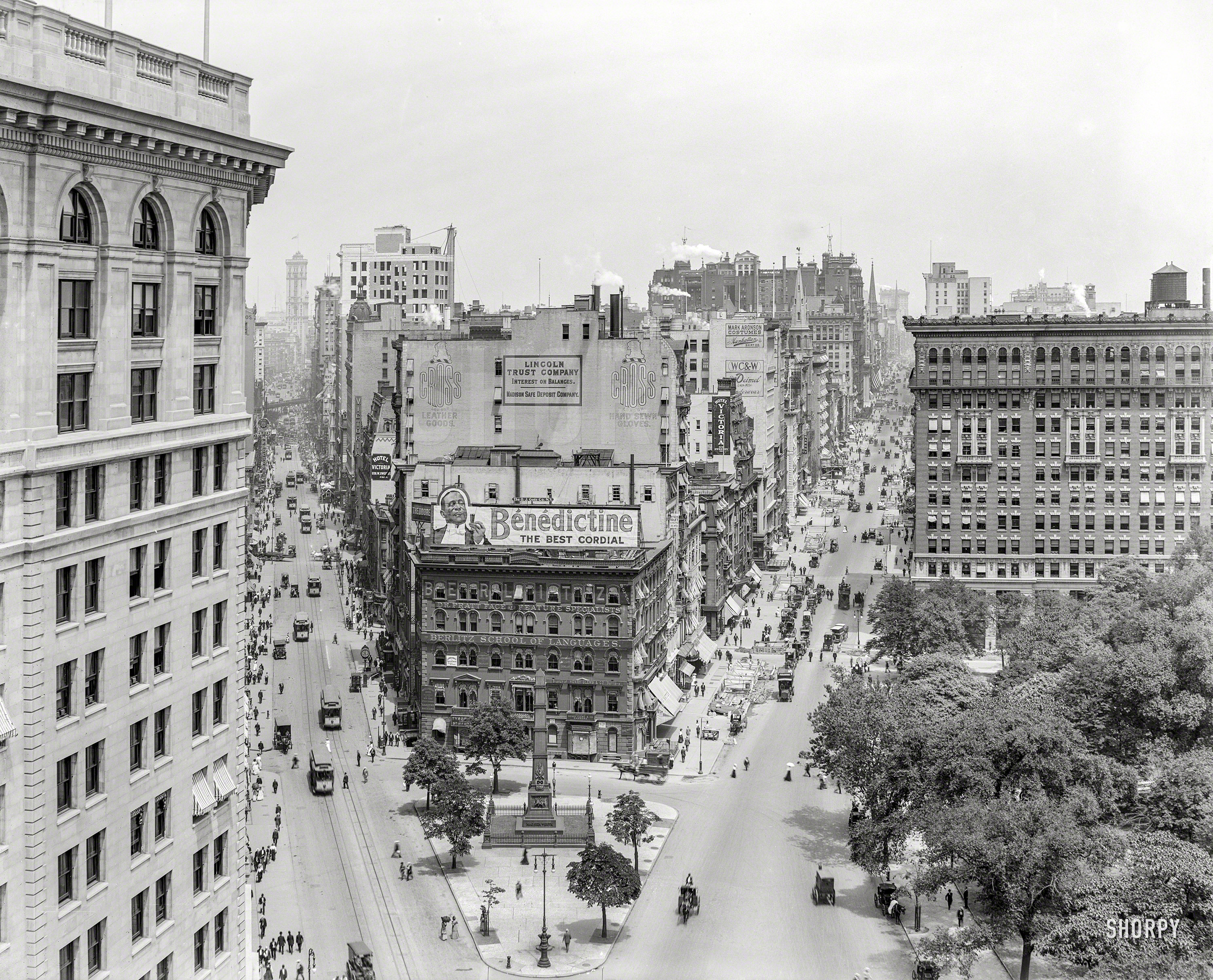 New York circa 1910. "Madison Square -- Worth Square monument at Broadway and Fifth Avenue." The Major General's obelisk, under the influence of a certain after-dinner liqueur. 8x10 inch dry plate glass negative. View full size.
