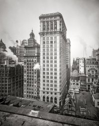 Lower Manhattan circa 1903. "Hanover National Bank Bldg., New York City." 8x10 inch dry plate glass negative, Detroit Photographic Company. View full size.