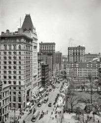 New York circa 1903. "Looking up Broadway from City Hall." With a view of the National Shoe & Leather Bank, and a roving vendor of DESKS. View full size.