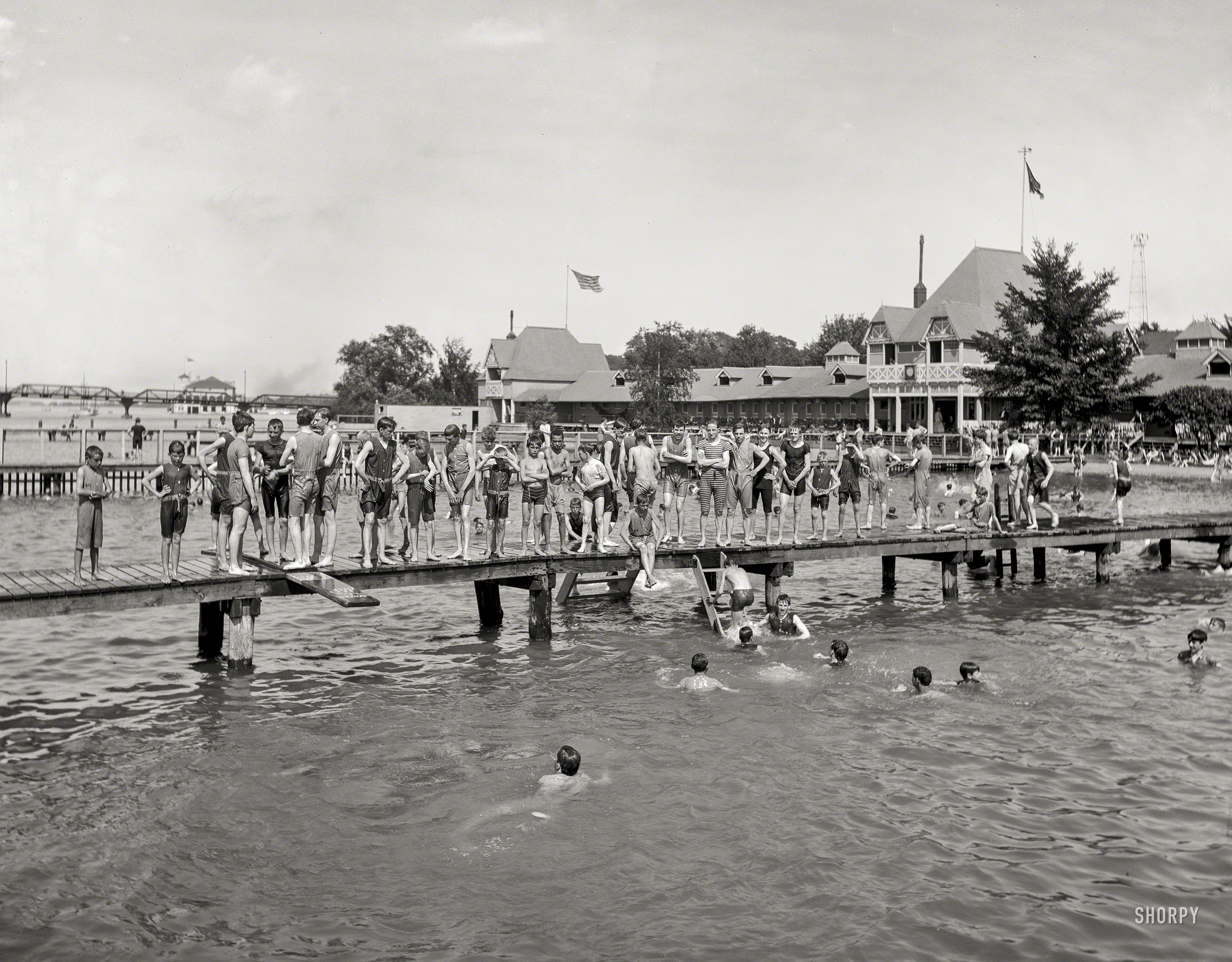 Detroit circa 1903. "Swimming pool at Belle Isle Park." 8x10 inch dry plate glass negative, Detroit Publishing Company. View full size.