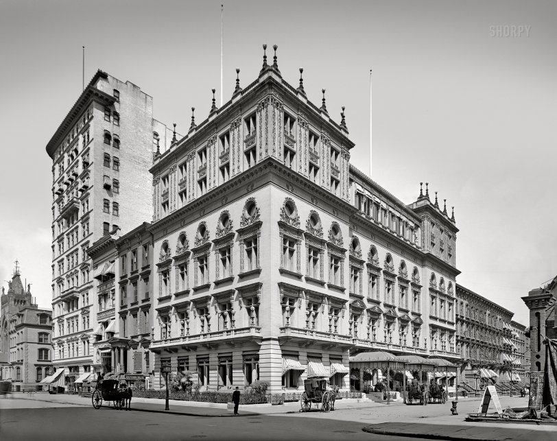 New York, 1903. "Delmonico's, Fifth Avenue and East 44th Street." The restaurant that put steak and potatoes on the map. 8x10 glass negative, Detroit Photographic Co. View full size.
