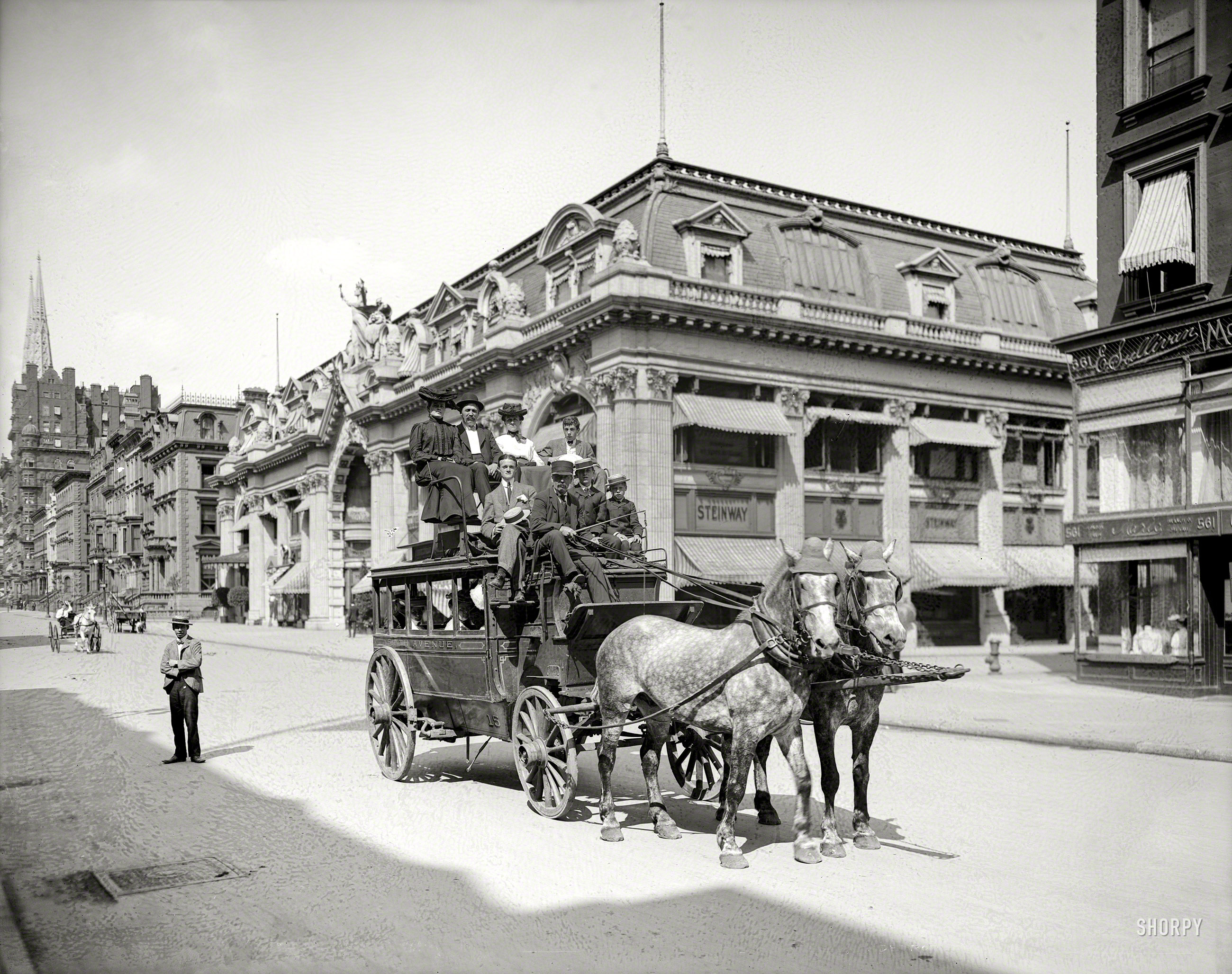 Circa 1906. "A Fifth Avenue stage, New York." Where even the horses have hats. 8x10 inch dry plate glass negative, Detroit Publishing Company. View full size.