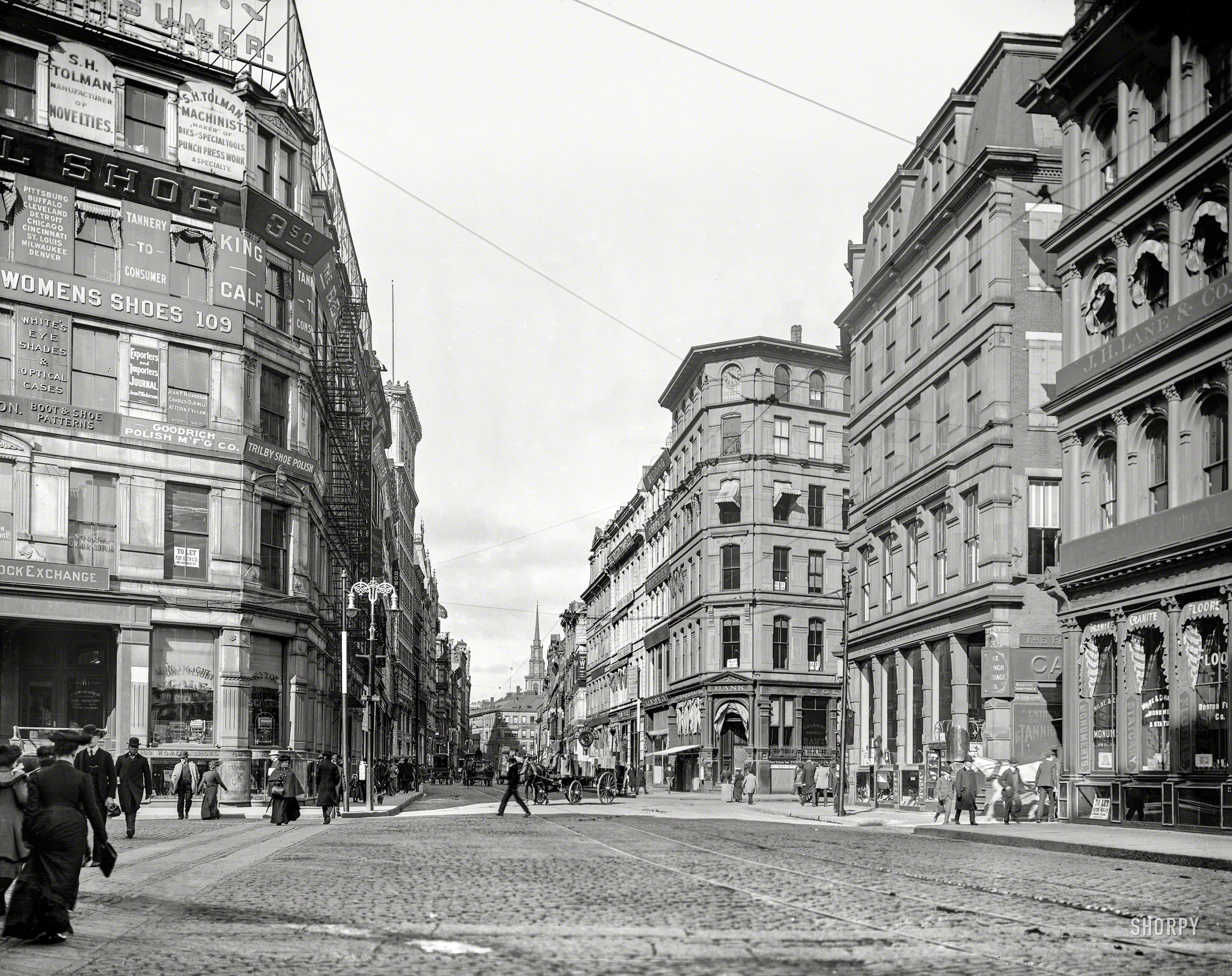 Circa 1904. "Summer Street in Boston, Mass." With much idiosyncratic signage. 8x10 inch dry plate glass negative, Detroit Publishing Company. View full size.