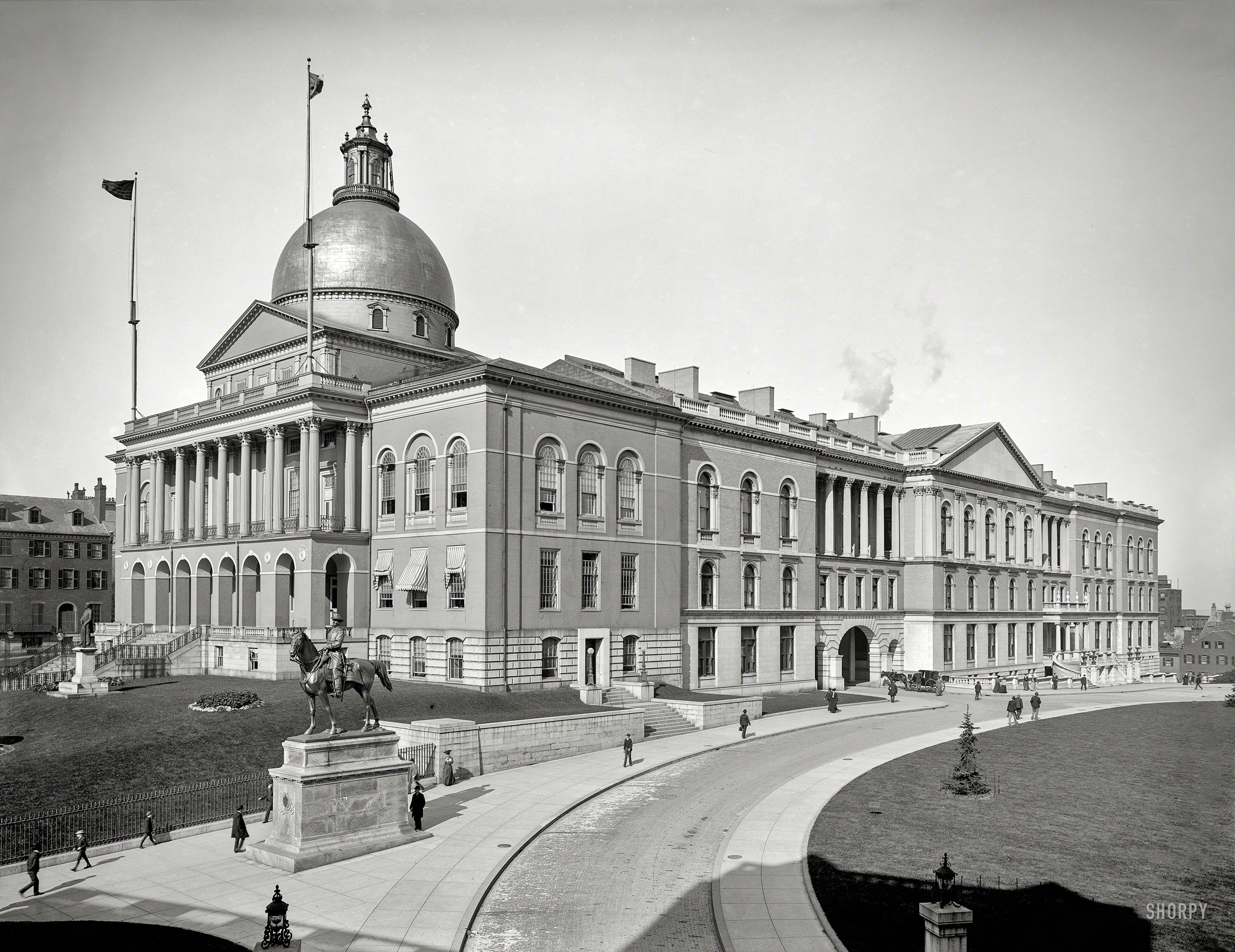 Circa 1904. "State House, Boston, Mass." With Gen. Hooker on sentry duty 24/7. 8x10 inch dry plate glass negative, Detroit Photographic Co. View full size.
