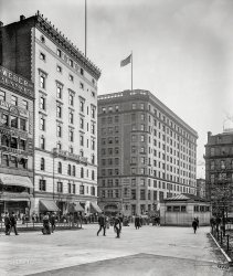 Boston circa 1904. "Lafayette Mall -- Masonic Temple and Hotel Touraine." 8x10 inch dry plate glass negative, Detroit Photographic Company. View full size.