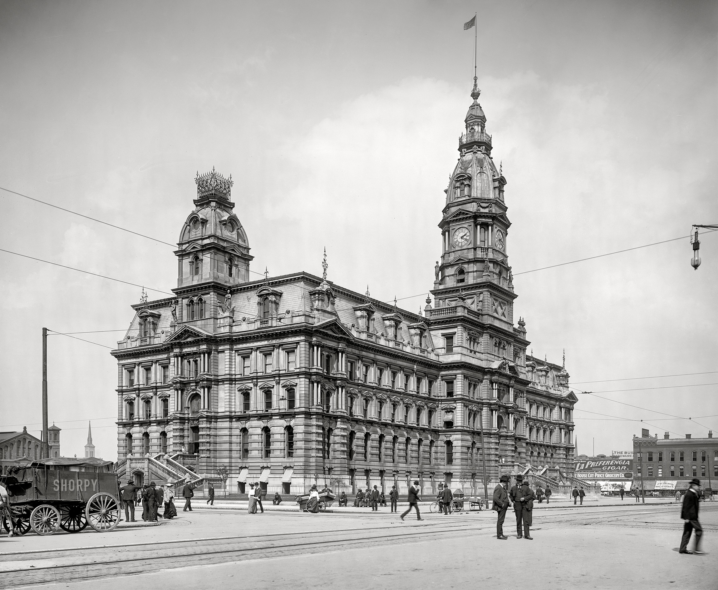 1904. "Marion County Courthouse -- Indianapolis, Indiana." This Second Empire colossus met its Waterloo in 1962. 8x10 inch glass negative, Detroit Photographic Co. View full size.