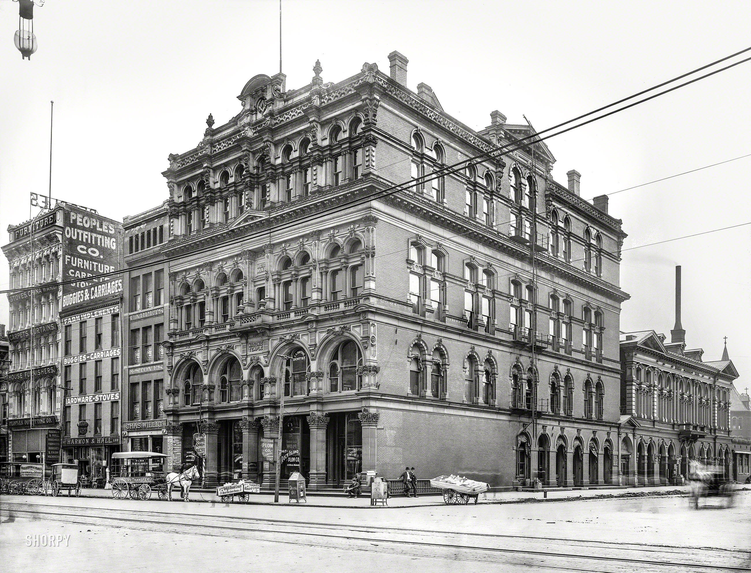 Indianapolis circa 1906. "Masonic Temple, Washington Street & Capitol Avenue." 8x10 inch dry plate glass negative, Detroit Publishing Company. View full size.