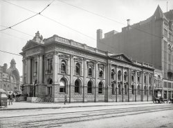 "Indiana National Bank, Virginia Avenue." Continuing our tour of 1904 Indianapolis, sponsored by Omega Oil. Trial Bottle only 10 cents! 8x10 inch dry plate glass negative, Detroit Photographic Company. View full size.