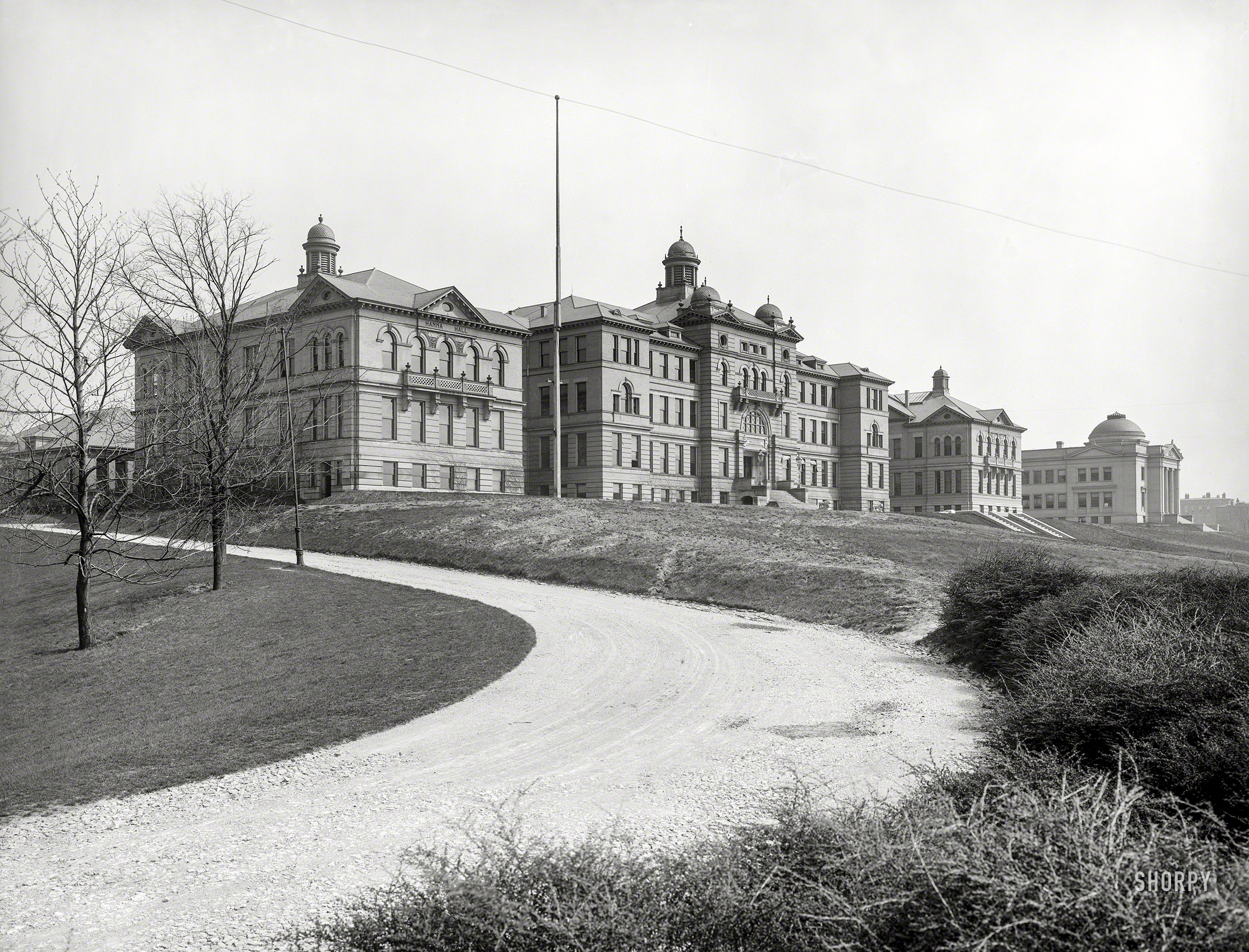 Cincinnati, Ohio, circa 1904. "University of Cincinnati." McMicken Hall, flanked by his siblings Hanna Hall and Cunningham Hall. 8x10 inch dry plate glass negative. View full size.