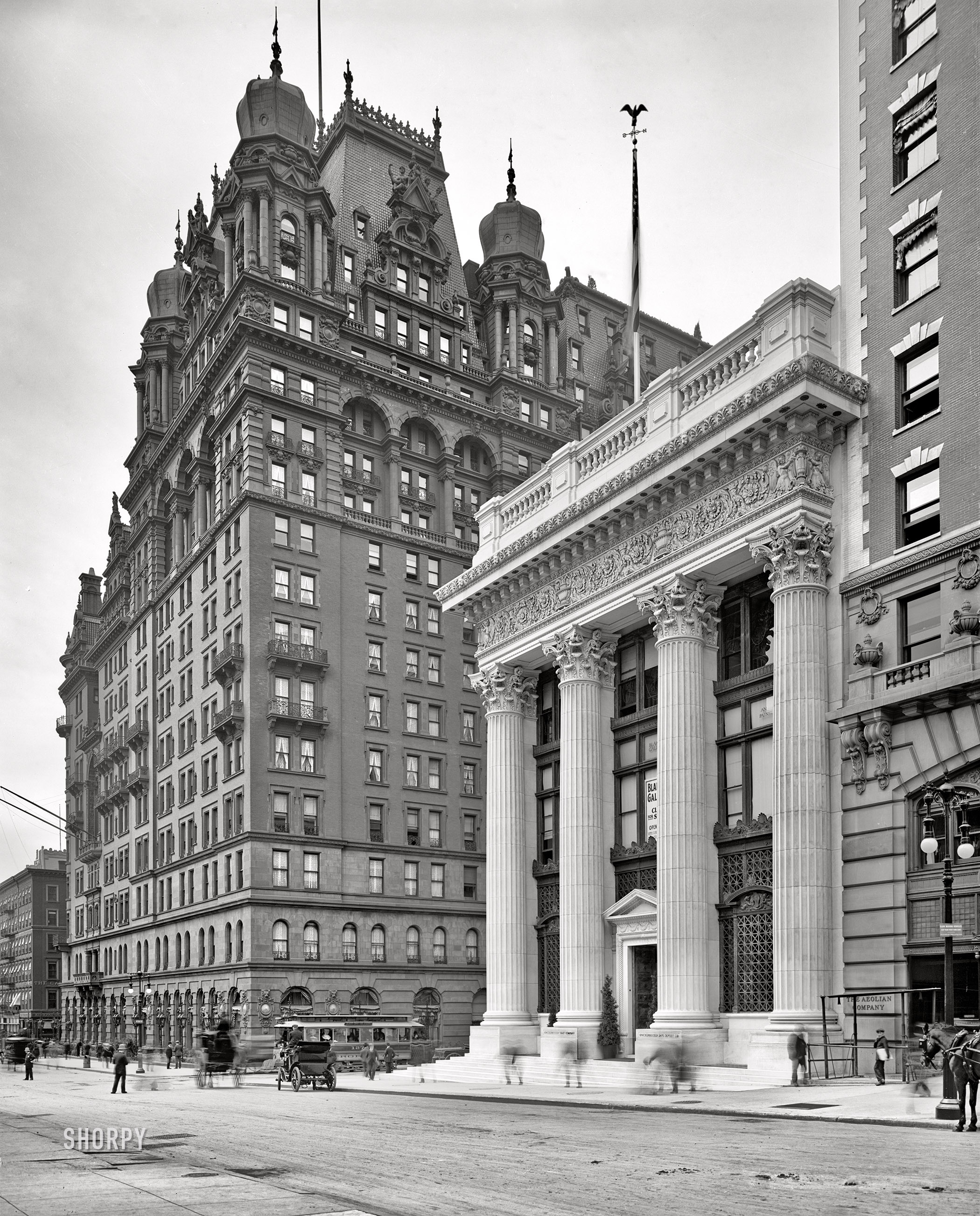 New York, 1904. "Knickerbocker Trust Building and Waldorf-Astoria Hotel, Fifth Avenue at W. 34th Street." 8x10 inch glass negative, Detroit Photographic Company. View full size.