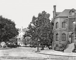 Washington, D.C., circa 1905. "Dupont Circle at Connecticut and Massachusetts Avenues N.W. White building at left is Patterson House, 15 Dupont Circle." Not to mention all those pedestrians. 8x10 inch dry plate glass negative, Detroit Photographic Company. View full size.
Cast of CharactersClick twice to embiggen.

No Exhaust FumesSeeing old photos here dating to 1905-1907, it is clear how very quickly motor cars overtook horse-drawn transport. Here there are no automobiles yet, so no gasoline fumes, just the earthy smell of life, especially in the intersection.
The Patterson placeThis building with all the horses started as the Patterson Mansion. It was designed by Stanford White, and had just been completed a couple of years before this photo. The Patterson family only occasionally stayed there and often lent it out. President Calvin Coolidge lived there during White House renovations; Charles Lindbergh used it after his transatlantic flight. It also spent ~60 years as the Washington Club, before being converted to apartments in the 2010s.

SurprisedOne feature of note for me is that there are bars on all of the ground level windows. Something I guess I have allowed myself to not notice in my naive thinking that so far back times would have been more honest.
Ah ...... the earthly smell of life. So that's what that was. I thought it was low tide.
Level of detailI’m very impressed by the level of detail in the embiggened slice that Dave has provided.  Once I opened it, I embiggened even more and was further impressed by the facial detail in the old woman crossing the street (center) and the mother and daughter walking towards us (right).  Then I noticed the bricks, the leaves, the grass ... amazing.
135I walked a foot-beat here once in the late '70s. The cast of characters included One Armed Johnny and Bad Feet Sam. Fun times.
(The Gallery, D.C., DPC, Horses)
