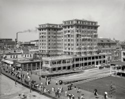 Atlantic City, New Jersey, 1904. "Boardwalk and Hotel Chalfonte." Demolished in 1980 to make room for a parking lot. 8x10 inch glass negative. View full size.