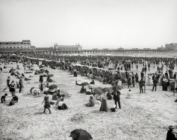 The Jersey Shore in 1904. "The bathing hour, Atlantic City -- Steeplechase and Steel piers." 8x10 inch dry plate glass negative, Detroit Photographic Company. View full size.