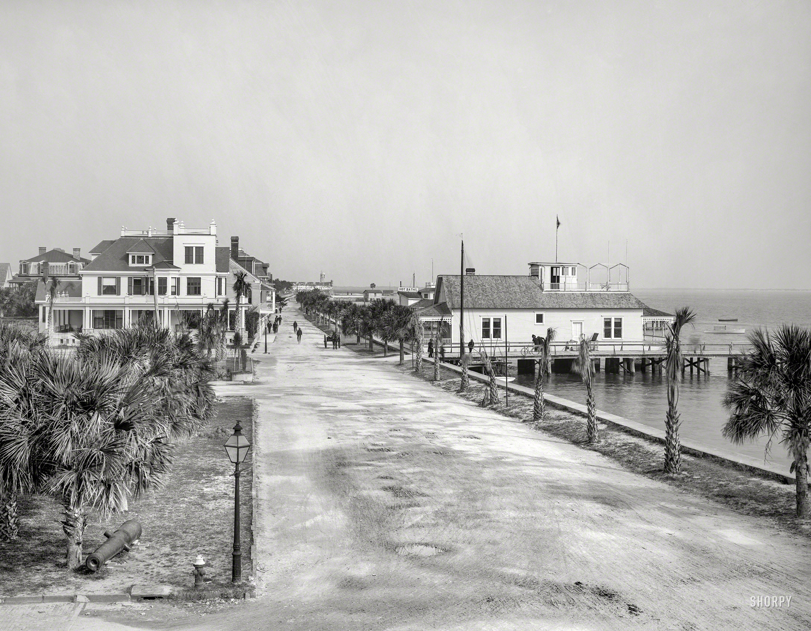 St. Augustine, Florida, circa 1904. "Bay Street and seawall." And HOT BATHS. 8x10 inch dry plate glass negative, Detroit Publishing Company. View full size.