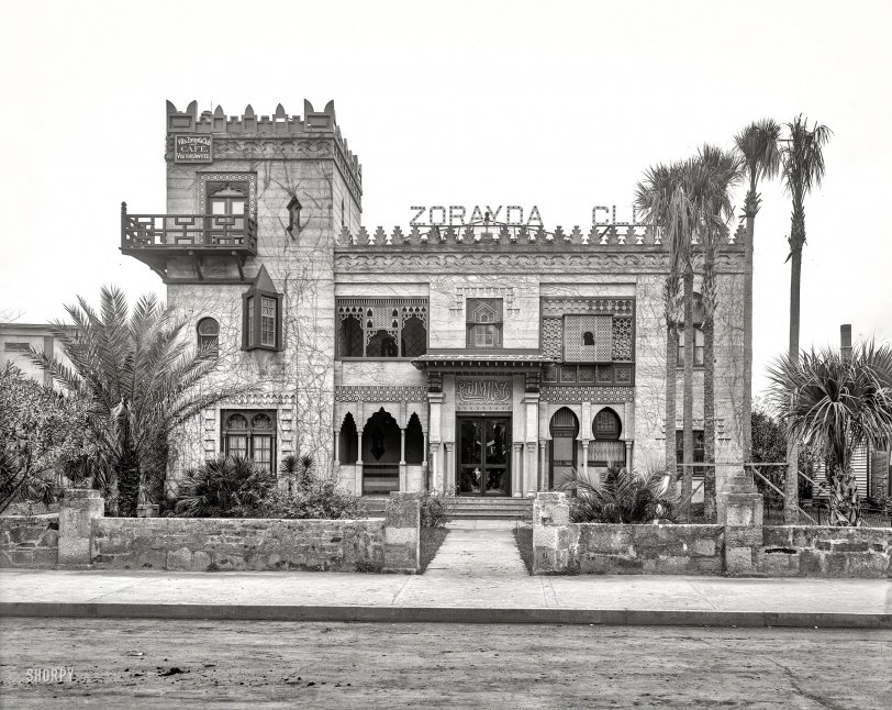 &nbsp; &nbsp; &nbsp; &nbsp; Built in 1883 by the eccentric Boston millionaire Franklin W. Smith as his winter home, Villa Zorayda was inspired by the 12th-century Moorish Alhambra Palace in Granada, Spain. (Wikipedia)
Circa 1904. "Zorayda Club, King Street, St. Augustine, Florida." 8x10 inch dry plate glass negative, Detroit Publishing Company. View full size.
