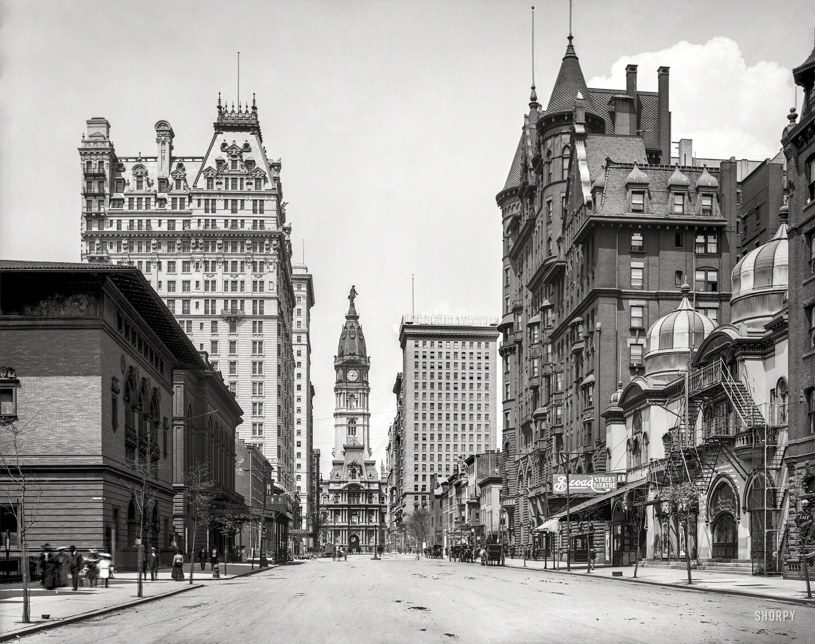 Philadelphia circa 1904. "City Hall clock tower from South Broad Street." 8x10 inch glass negative, Detroit Photographic Company. View full size.