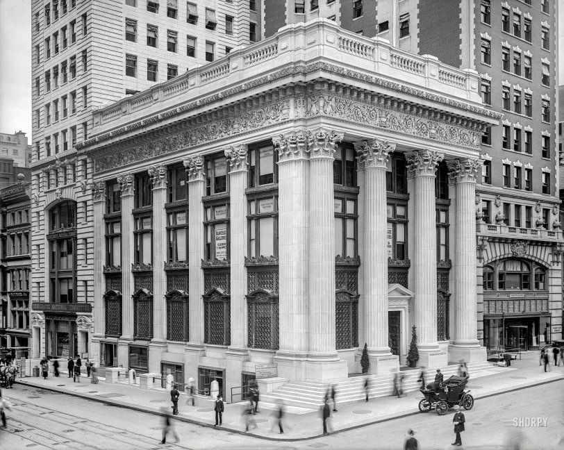 New York, 1904. "Knickerbocker Trust Company Building, Fifth Avenue and 34th Street." 8x10 inch dry plate glass negative, Detroit Photographic Company. View full size.
