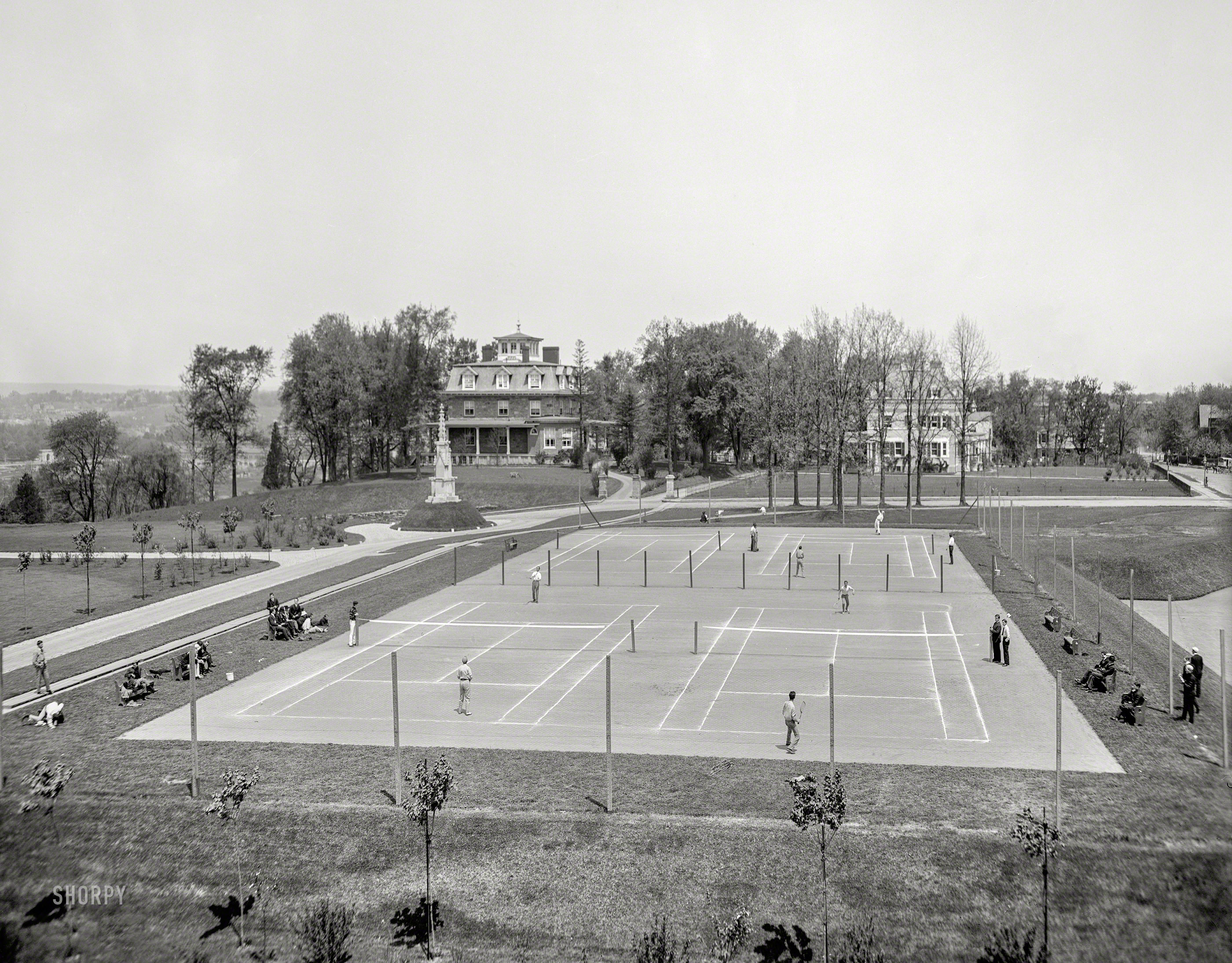 The Bronx circa 1904. "Tennis courts at New York University." 8x10 inch dry plate glass negative, Detroit Photographic Company. View full size.